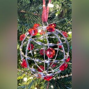 Handmade Twisted Silver Beaded Christmas Ornament w/Red Jewel Beads-3-3/4” Round